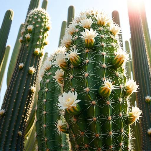 Cacto Mandacaru imponente com espinhos e flores brancas