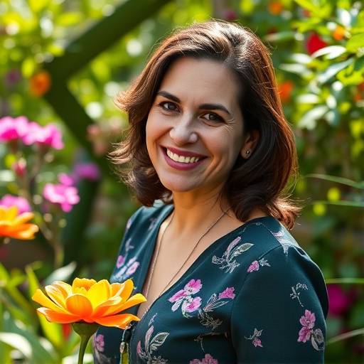 Foto de Ana Carolina Pereira, fundadora e CEO da FloraViva, sorrindo em um jardim exuberante.