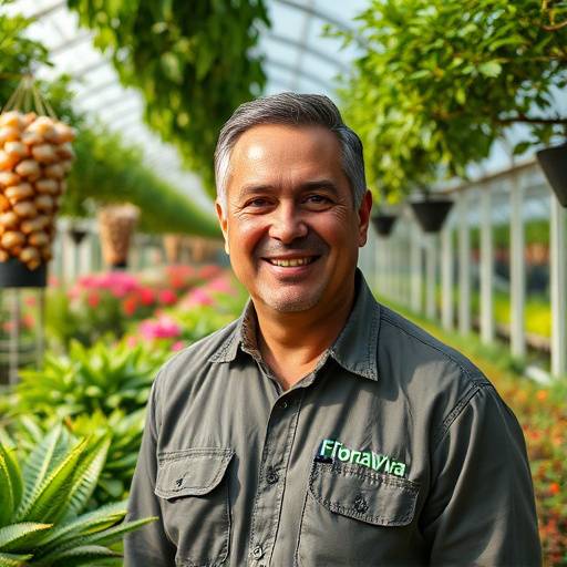 Foto de Roberto Silva, gerente de operaäões da FloraViva, em uma estufa cheia de plantas.